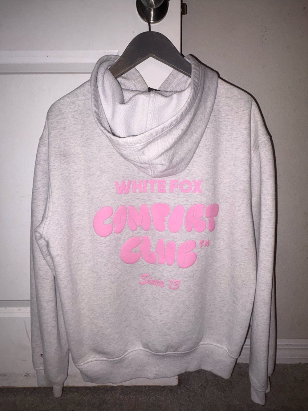 White Fox Boutique Light Gray Hoodie with Pink Comfort Club Logo
